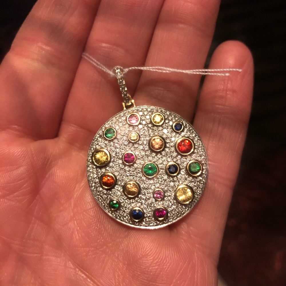Large Round Diamond Gems 14K Gold Pendant